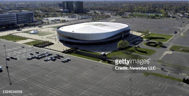 An aerial view of NYCB Live Nassau Coliseum at the Hub in Uniondale, New York on April 22, 2021.