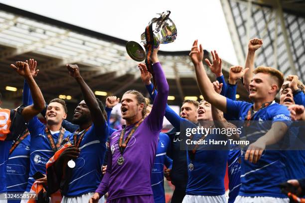 Players of Hartlepool United celebrate with the Vanaram National League Trophy during the Vanarama National League Play-Off Final match between...
