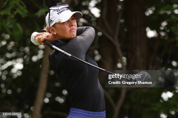 Jessica Korda watches her drive on the fourth hole during the final round of the Meijer LPGA Classic for Simply Give at Blythefield Country Club on...