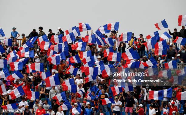 French fans show their support before the start of the F1 Grand Prix of France at Circuit Paul Ricard on June 20, 2021 in Le Castellet, France.