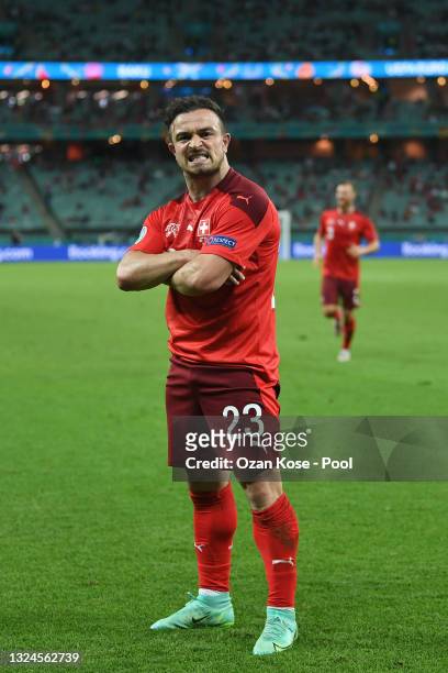 Xherdan Shaqiri of Switzerland celebrates after scoring their team's third goal during the UEFA Euro 2020 Championship Group A match between...