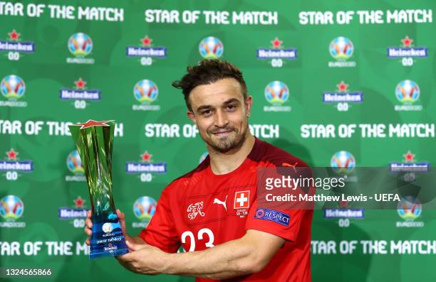 Xherdan Shaqiri of Switzerland poses for a photograph with the Heineken "Star of the Match" award following the UEFA Euro 2020 Championship Group A...