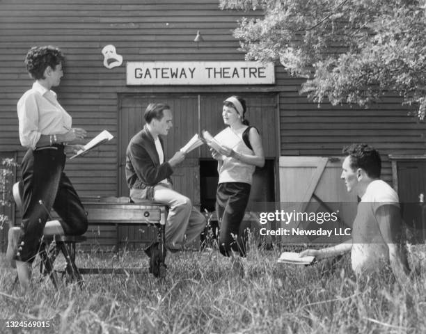 Director Sally Laurence, left, goes over lines for the play The Tender Trap with actors Robert Duvall and Marge Barnett as Ray Barbata, right, waits...