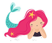 Mermaid with Pink Hair Floating Underwater Vector Illustration
