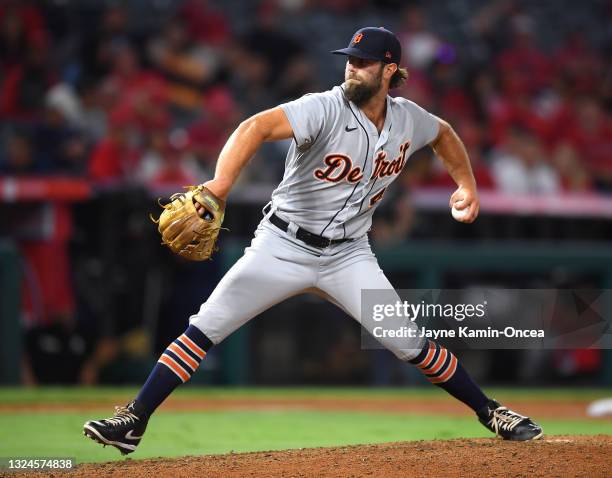 Daniel Norris of the Detroit Tigers pitches in the game against the Los Angeles Angels at Angel Stadium of Anaheim on June 18, 2021 in Anaheim,...