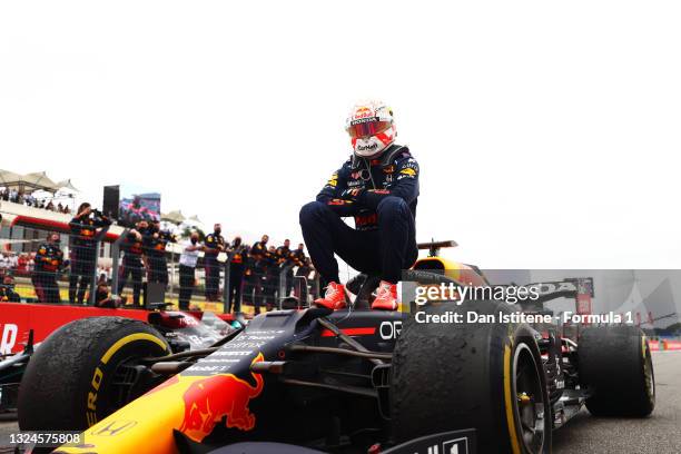 Race winner Max Verstappen of Netherlands and Red Bull Racing celebrates in parc ferme during the F1 Grand Prix of France at Circuit Paul Ricard on...