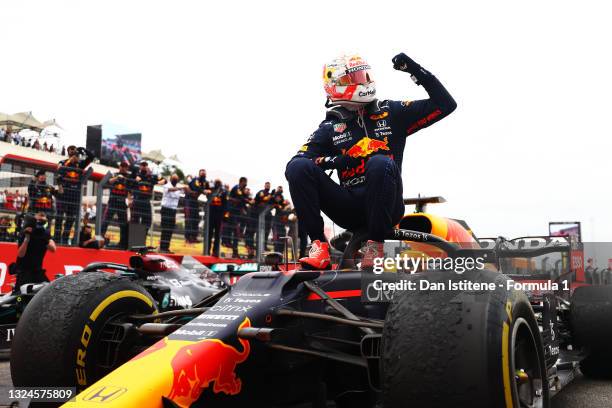 Race winner Max Verstappen of Netherlands and Red Bull Racing celebrates in parc ferme during the F1 Grand Prix of France at Circuit Paul Ricard on...