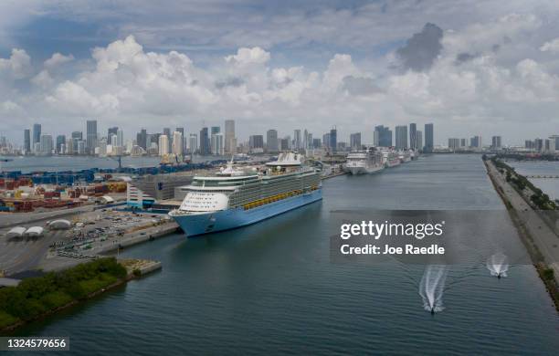 In an aerial view, the Royal Caribbean Freedom of the Seas prepares to set sail from PortMiami during the first U.S. Trial cruise testing COVID-19...