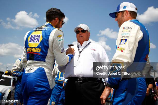 Chase Elliott, driver of the NAPA Auto Parts Chevrolet, crew chief Alan Gustafson and NASCAR Hall of Famer and team owner Rick Hendrick talk on the...