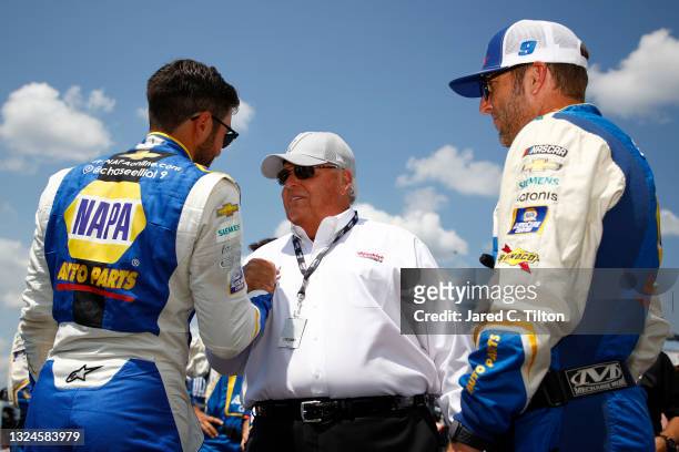 Chase Elliott, driver of the NAPA Auto Parts Chevrolet, crew chief Alan Gustafson and NASCAR Hall of Famer and team owner Rick Hendrick talk on the...