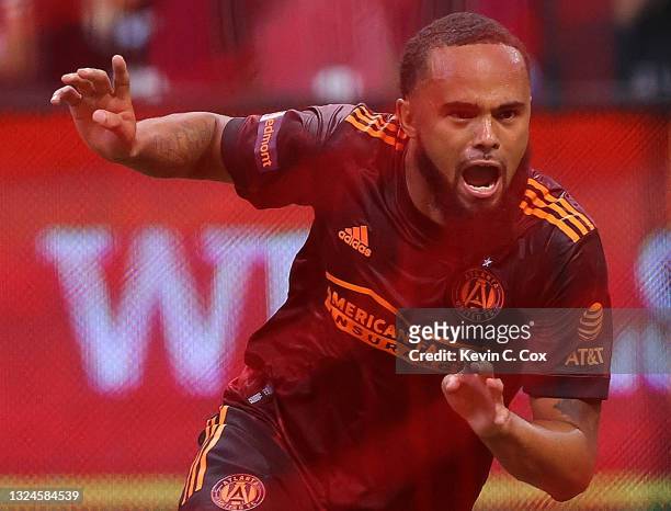 Anton Walkes of Atlanta United reacts after scoring on a header against the Philadelphia Union during the second half at Mercedes-Benz Stadium on...