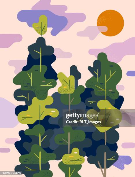 illustration of geometric forest with towering treetops in clouds - tall tree stock illustrations