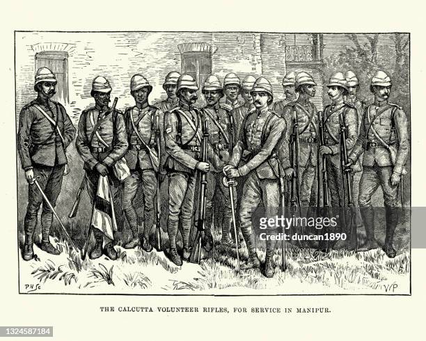 british soldiers of the calcutta volunteer rifles, for service in manipur, 19th century - british culture stock illustrations