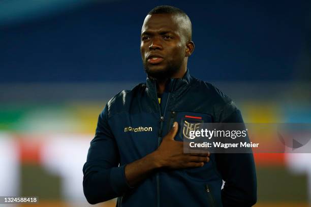 Enner Valencia of Ecuador sings his national anthem before a Group B match between Venezuela and Ecuador as part of Copa America Brazil 2021 at...