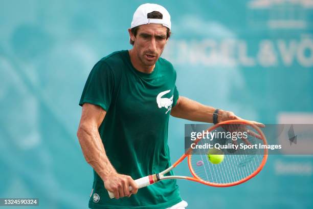 Pablo Cuevas of Uruguay returns a ball during a training session on day two of the Mallorca Championships 2021 at Country Club de Santa Ponça on June...