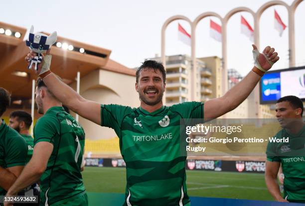 Harry McNulty of Ireland Men's National Team celebrates the qualification for the Games of the XXXII Olympiad during day three of the World Rugby...