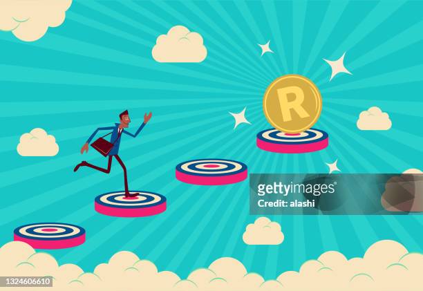 achieving success, a businessman running climbing up the staircases made up of dartboard (goal, target) step by step in the sky and reaching the south african rand currency - am rand stock illustrations
