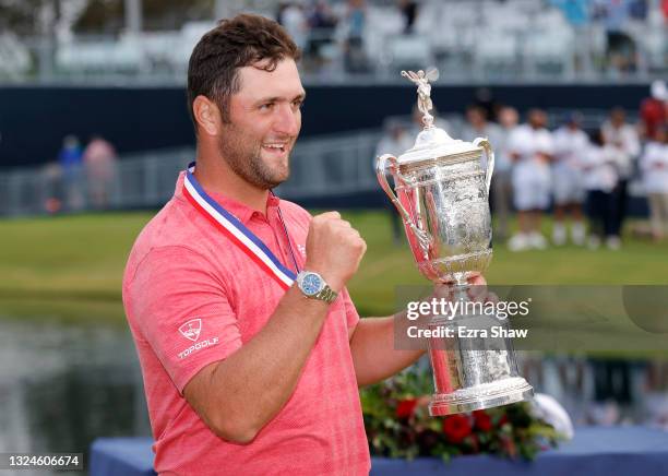 Jon Rahm of Spain celebrates with the trophy after winning the final round of the 2021 U.S. Open at Torrey Pines Golf Course on June 20, 2021 in San...