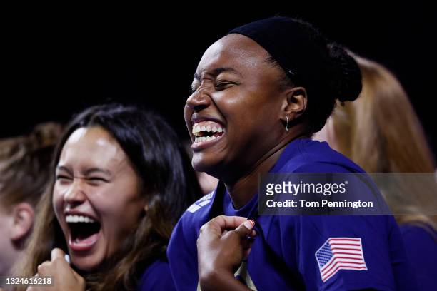 Bella Sims and Simone Manuel of the United States Olympic women's Swimming team react during Day Eight of the 2021 U.S. Olympic Team Swimming Trials...