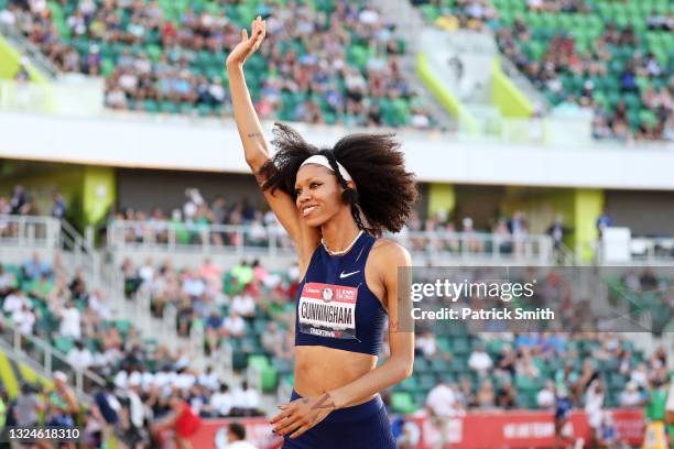 Vashti Cunningham celebrates winning the Women's High Jump Final on day three of the 2020 U.S. Olympic Track & Field Team Trials at Hayward Field on...