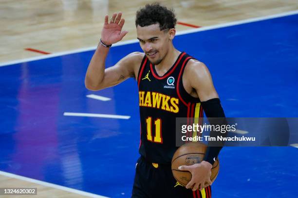 Trae Young of the Atlanta Hawks celebrates after defeating the Philadelphia 76ers during Game Seven of the Eastern Conference Semifinals at Wells...