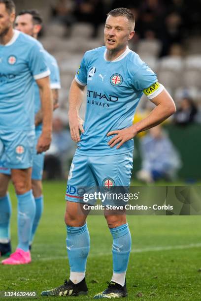 Scott Jamieson of Melbourne City in defence during the A-League Semi-Final match between Melbourne City and Macarthur FC at Netstrata Jubilee...