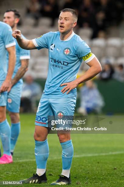 Scott Jamieson of Melbourne City in defence during the A-League Semi-Final match between Melbourne City and Macarthur FC at Netstrata Jubilee...