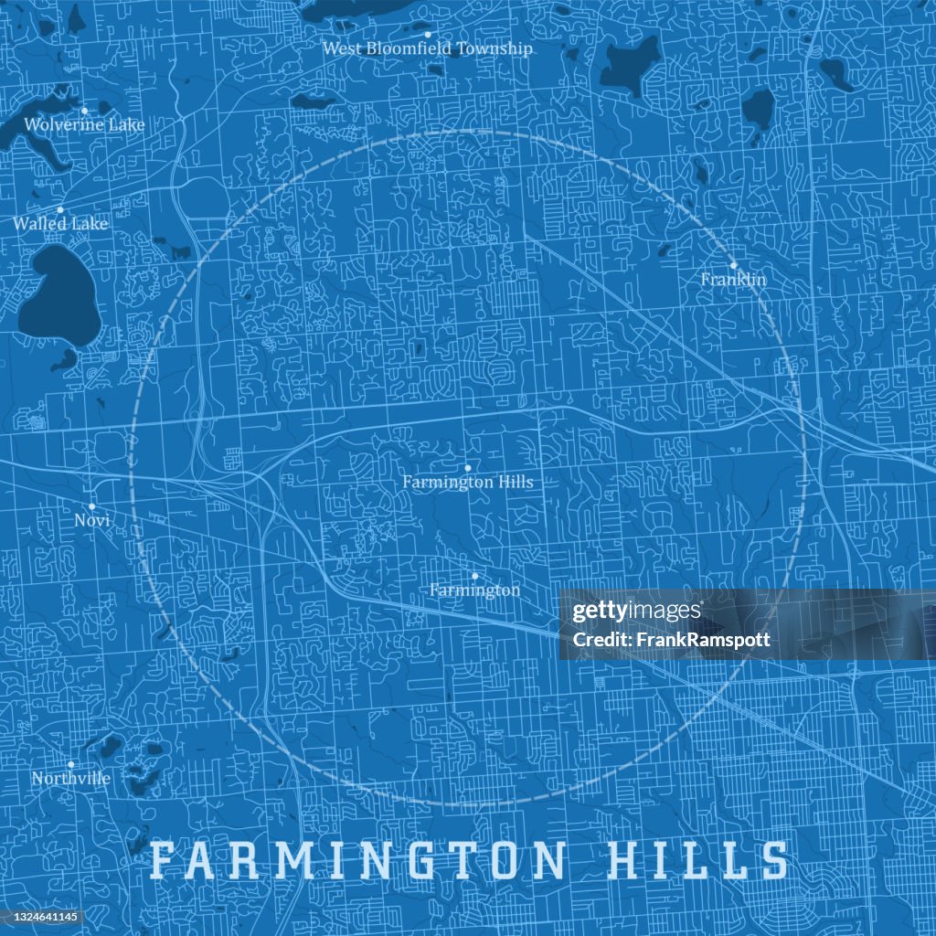 Farmington Hills MI City Vector Road Map Blue Text