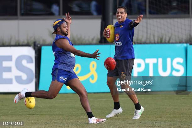 Willie Rioli of the Eagles practices goal kicking during a West Coast Eagles AFL training session at Mineral Resources Park on June 21, 2021 in...