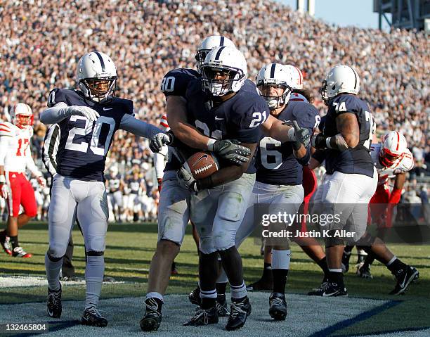 Stephfon Green of the Penn State Nittany Lions celebrates a touchdown against the Nebraska Cornhuskers during the game on November 12, 2011 at Beaver...