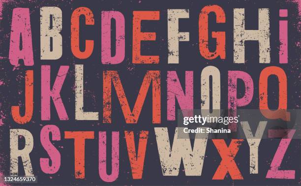 stockillustraties, clipart, cartoons en iconen met distressed old uppercase alphabet color - v1 - lettertype