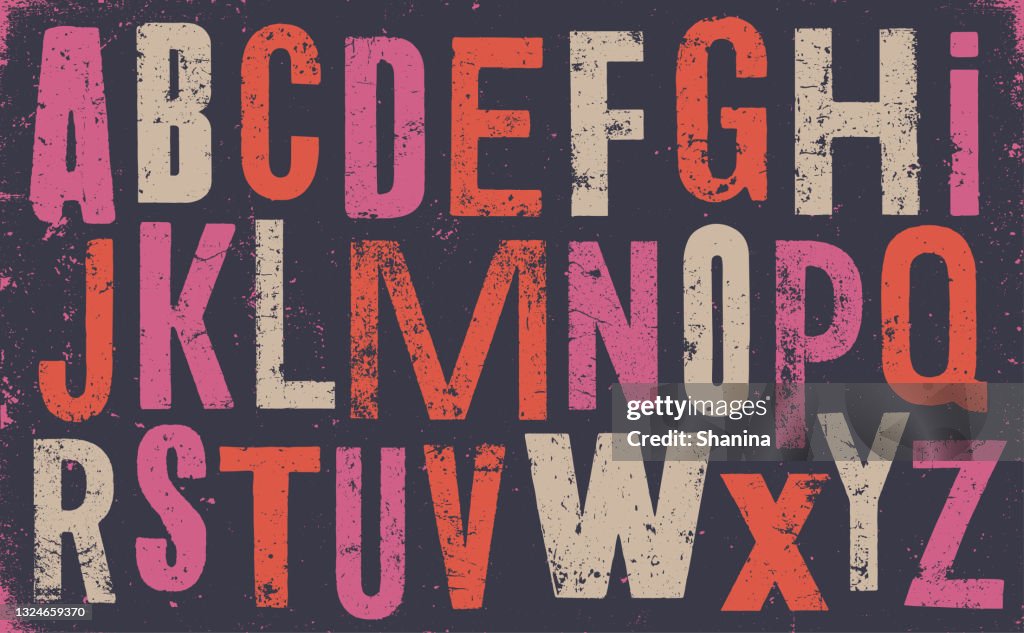Distressed old uppercase alphabet color - v1