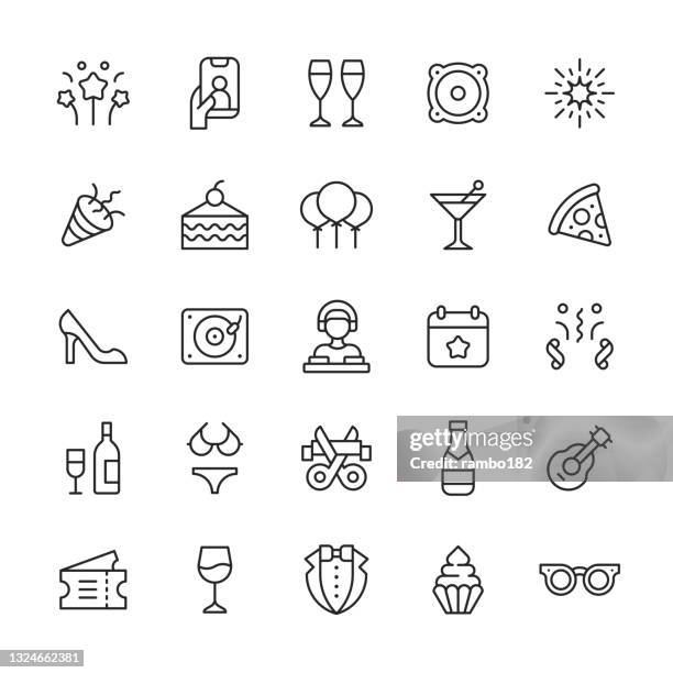 party line icons. editable stroke. pixel perfect. for mobile and web. contains such icons as birthday, champagne, clubbing, confetti, dj, dress, drink, event, fireworks, fun, gift, influencer, music, festival, night club, night life, piñata, selfie. - piñata stock illustrations