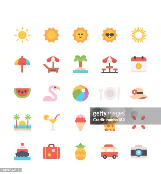 summer flat icons. pixel perfect. for mobile and web. contains such icons as abs, beach, bike, cruise, discount, diving, drink, grill, hat, ice cream, island, lifebuoy, motorhome, palm tree, ship, starfish, surfing, tropical. - top garment stock illustrations