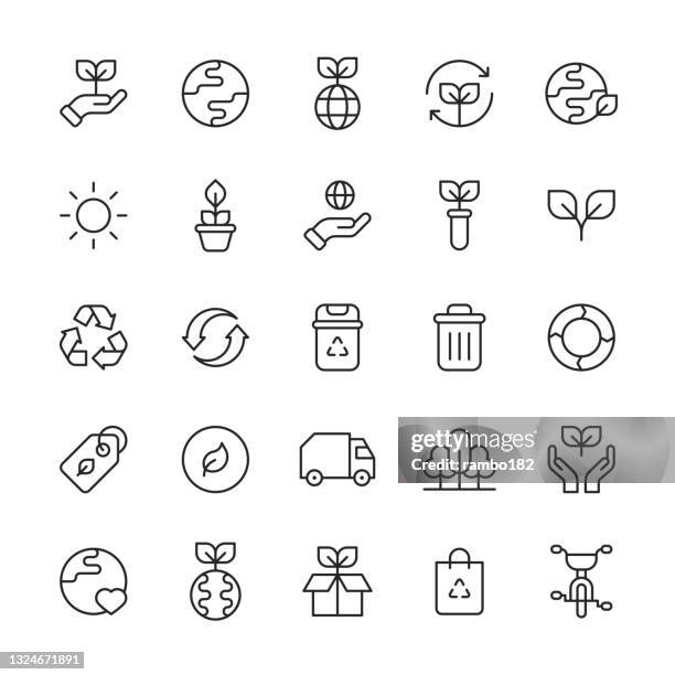 ilustrações de stock, clip art, desenhos animados e ícones de ecology line icons. editable stroke. pixel perfect. for mobile and web. contains such icons as agriculture, charity, climate, donation, earth, electric vehicle, energy, environment, flower, global warming, leaf, nature, plant, recycling, solar energy. - lixo