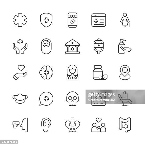 ilustrações de stock, clip art, desenhos animados e ícones de healthcare and medicine line icons. editable stroke. contains such icons as ambulance, cardiology, covid-19, dentist, disability, hospital, insurance, medicine, mental health, nurse, patient, pharmacy, pill, surgery, syringe, telemedicine, vaccine. - doença mental