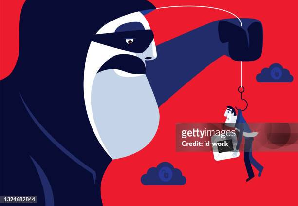 illustrazioni stock, clip art, cartoni animati e icone di tendenza di hacker phishing e cattura uomo d'affari - crimine aziendale