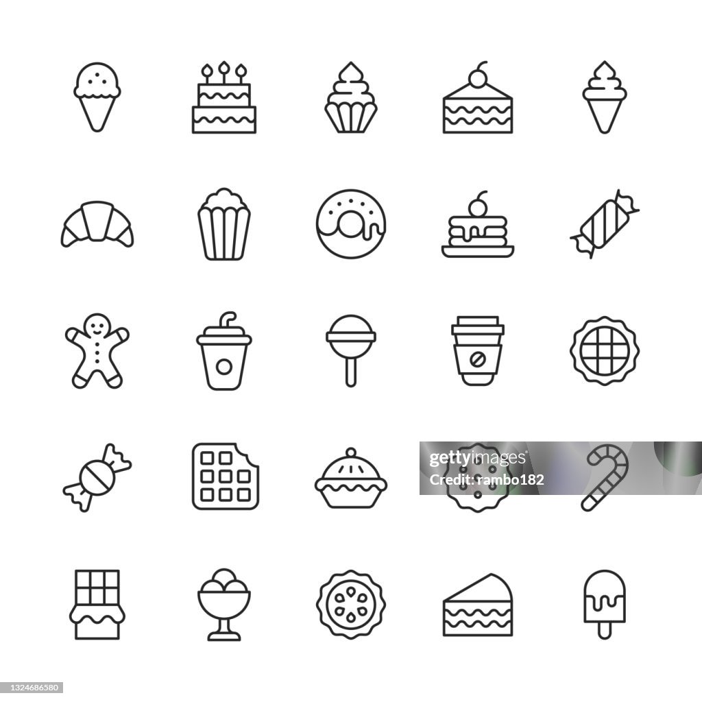 Dessert Line Icons. Editable Stroke. Contains such icons as Apple Pie, Baking, Birthday, Biscuit, Brownie, Cake, Candy, Cookie, Cooking, Croissant, Dessert, Doughnut, Food, Ice Cream, Lollipop, Pie, Popcorn, Restaurant, Sugar, Waffle Chocolate.