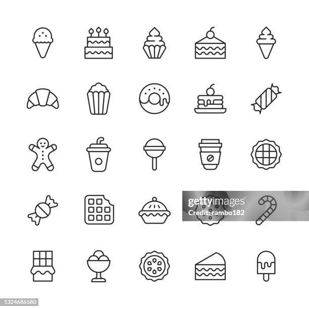 dessert line icons. editable stroke. contains such icons as apple pie, baking, birthday, biscuit, brownie, cake, candy, cookie, cooking, croissant, dessert, doughnut, food, ice cream, lollipop, pie, popcorn, restaurant, sugar, waffle chocolate. - sweetie pie stock illustrations