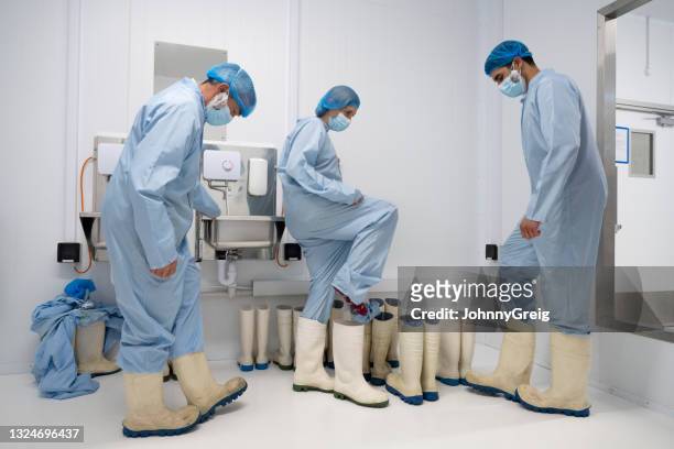 hydroponic technicians removing boots and clean suits - cleanroom stockfoto's en -beelden