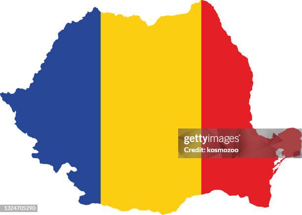rumänien flagge karte - rumänien stock-grafiken, -clipart, -cartoons und -symbole