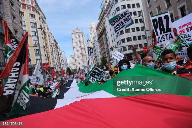 Hundreds march in central Madrid in support of Western Sahara on June 19, 2021 in Madrid, Spain. The march, which arrived in Madrid on June 18, has...