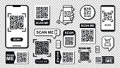 QR Code Scan Set. Scan me text. Smartphone usage. Scan QR Code icon. Transparent Background. Vector illustration.