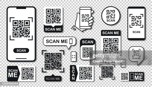 qr code scan set. scan me text. smartphone usage. scan qr code icon. transparent background. vector illustration. - smart phone white background stock illustrations