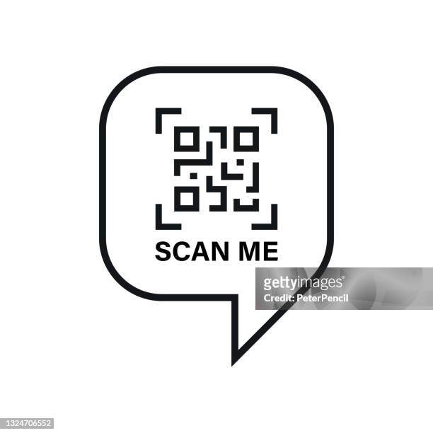 qr-code-scan-label. qr-code-symbol scannen. scannen sie mich text. sprechblase. vektor-illustration. - qr stock-grafiken, -clipart, -cartoons und -symbole