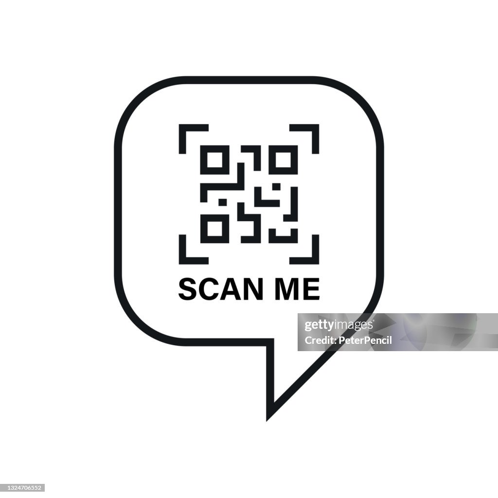 QR Code Scan Label. Scan QR Code icon. Scan Me Text. Speech Bubble. Vector illustration.