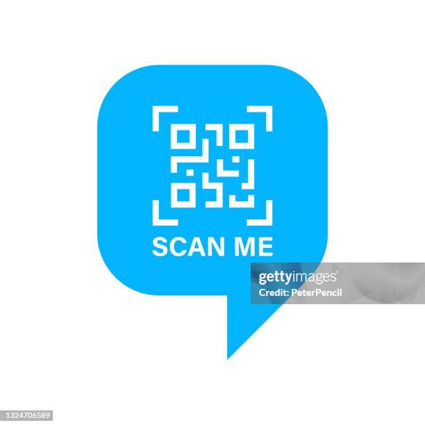 qr-code-scan-label. qr-code-symbol scannen. scannen sie mich text. sprechblase. vektor-illustration. - strichkodeleser stock-grafiken, -clipart, -cartoons und -symbole