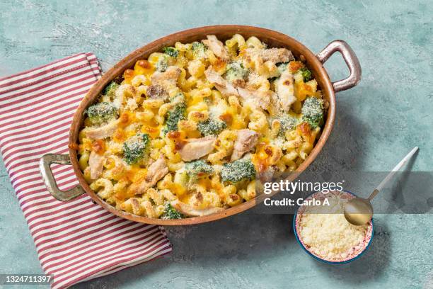 baked broccoli and chicken pasta - baked goods overhead stock pictures, royalty-free photos & images