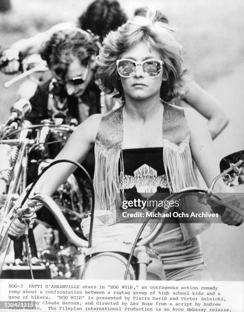 Patti D'Arbanville on HOG leading riders in a scene from the film 'Hog Wild', 1980.