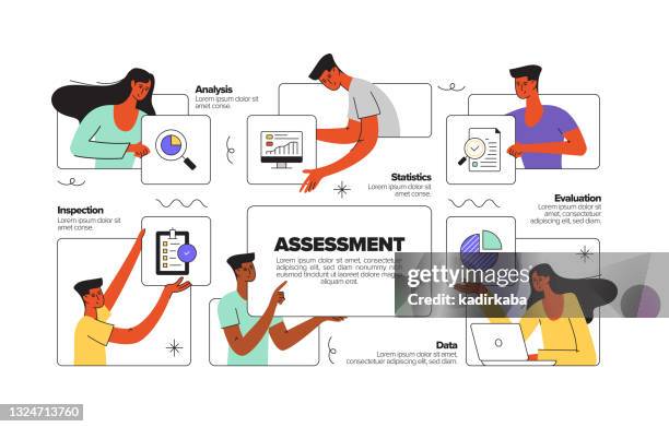 ilustrações de stock, clip art, desenhos animados e ícones de assessment concept flat line illustration with icons - personas de negocios